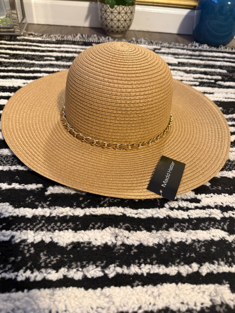 Madd Hatter Women's Tan Wide-Brim Straw Sun Hat with Gold Chain Trim